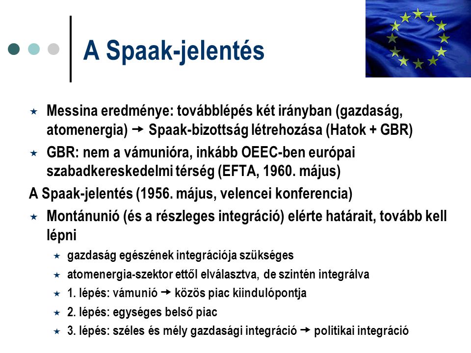A Spaak-jelentés Messina eredménye: továbblépés két irányban (gazdaság, atomenergia)  Spaak-bizottság létrehozása (Hatok + GBR)