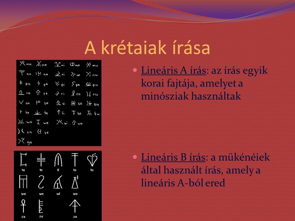 A krétaiak írása Lineáris A írás: az írás egyik korai fajtája, amelyet a minósziak használtak.