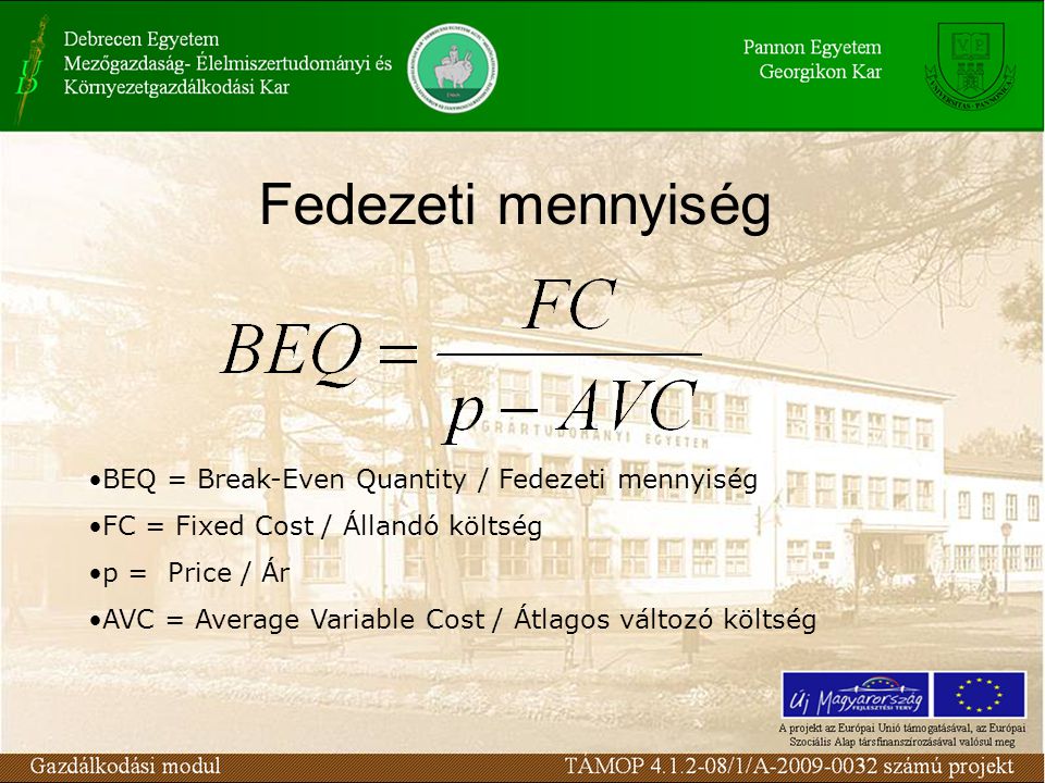 Fedezeti mennyiség BEQ = Break-Even Quantity / Fedezeti mennyiség