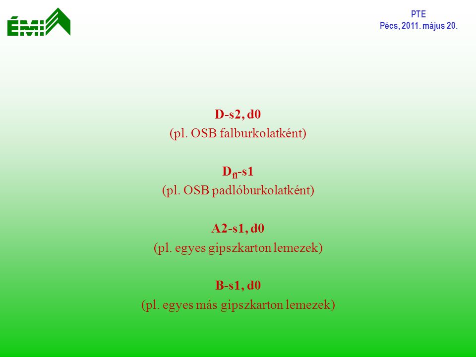 (pl. OSB falburkolatként) Dfl-s1 (pl. OSB padlóburkolatként) A2-s1, d0