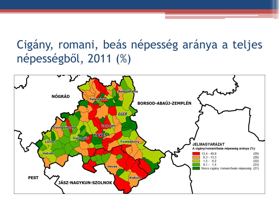 Cigány, romani, beás népesség aránya a teljes népességből, 2011 (%)