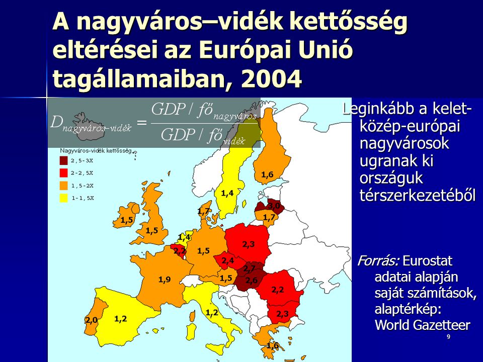 A nagyváros–vidék kettősség eltérései az Európai Unió tagállamaiban, 2004