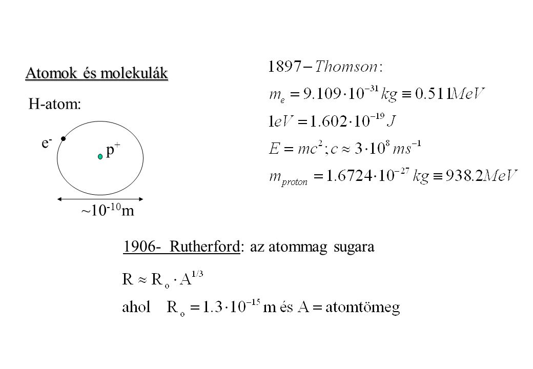 Atomok és molekulák H-atom: e- p+ ~10-10m Rutherford: az atommag sugara