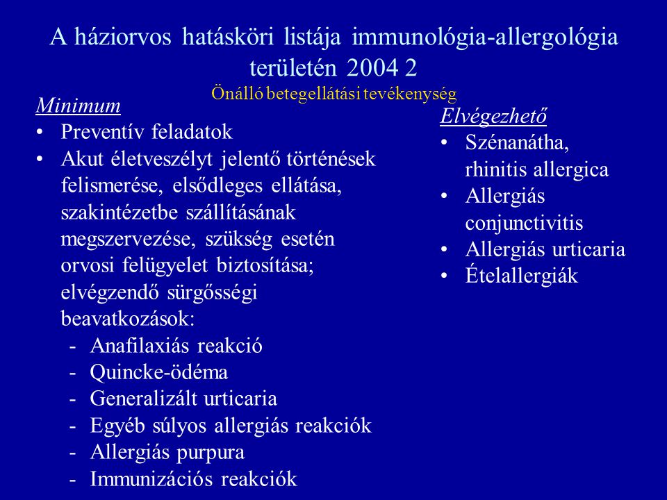 A háziorvos hatásköri listája immunológia-allergológia területén Önálló betegellátási tevékenység