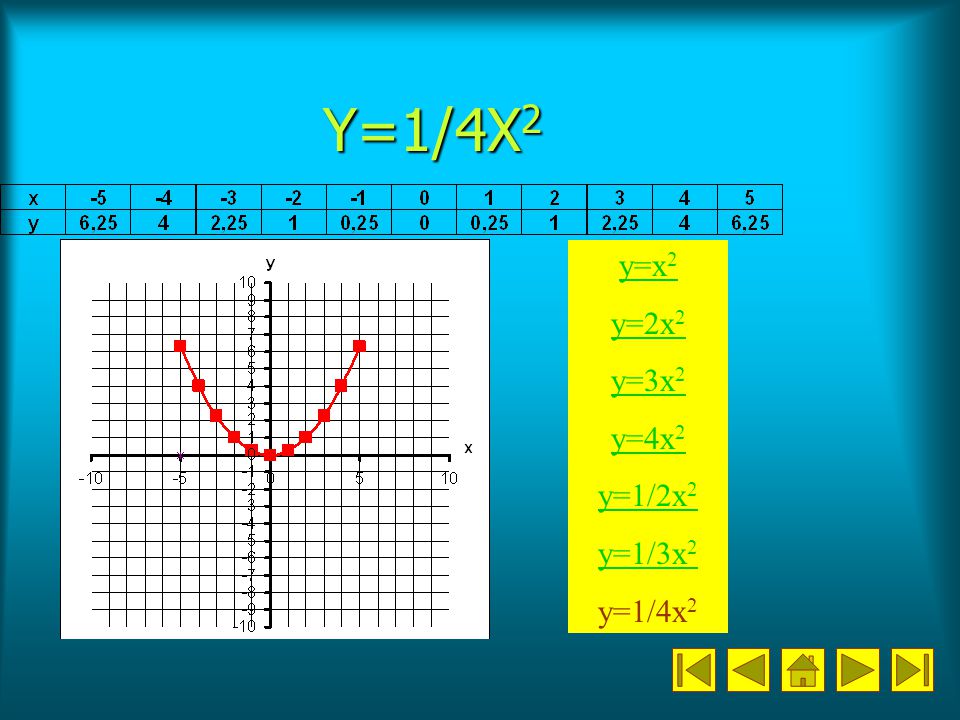 Y=1/4X2 y=x2 y=2x2 y=3x2 y=4x2 y=1/2x2 y=1/3x2 y=1/4x2