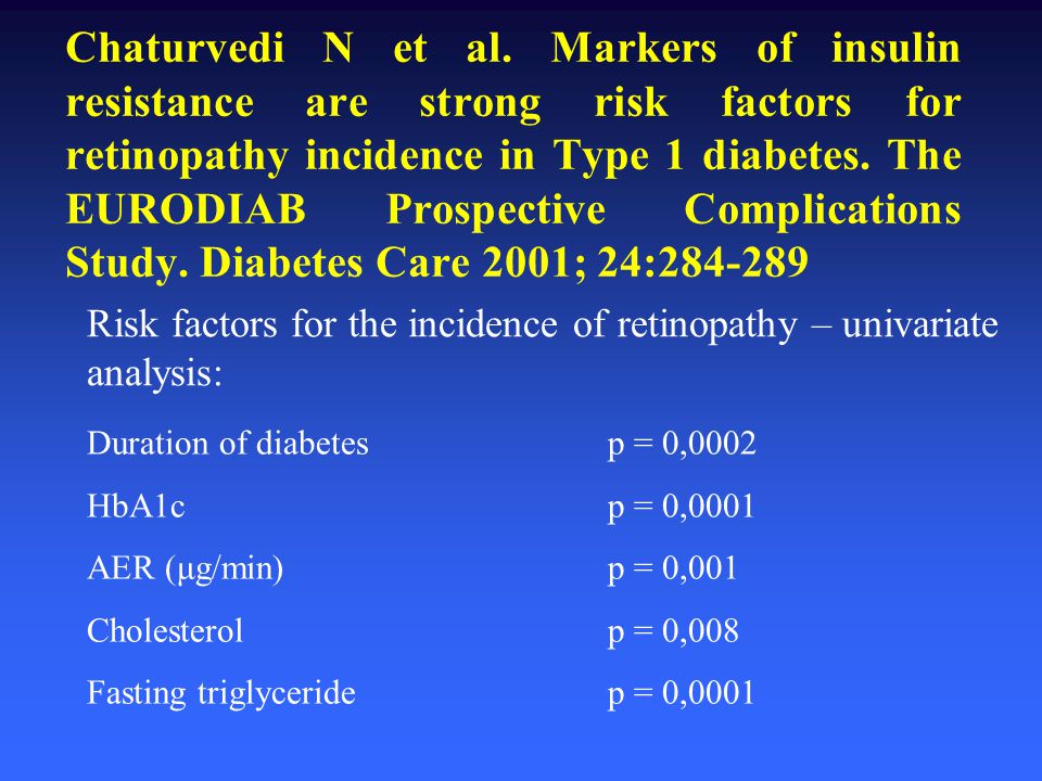 Chaturvedi N et al. Markers of insulin resistance are strong risk factors for retinopathy incidence in Type 1 diabetes. The EURODIAB Prospective Complications Study. Diabetes Care 2001; 24: