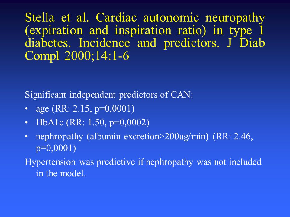Stella et al. Cardiac autonomic neuropathy (expiration and inspiration ratio) in type 1 diabetes. Incidence and predictors. J Diab Compl 2000;14:1-6