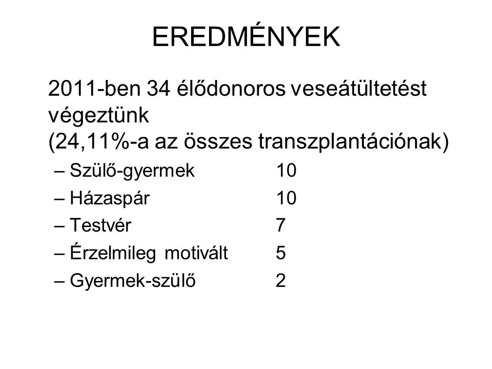EREDMÉNYEK 2011-ben 34 élődonoros veseátültetést végeztünk (24,11%-a az összes transzplantációnak)