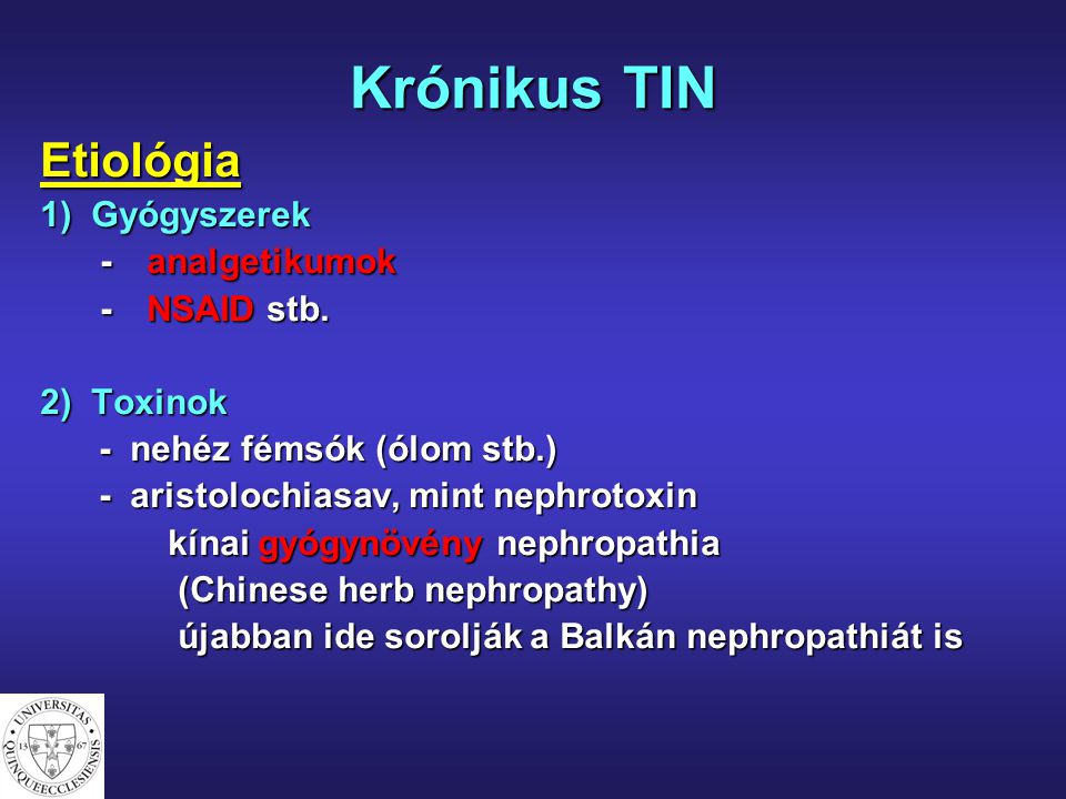 Krónikus TIN Etiológia 1) Gyógyszerek - analgetikumok - NSAID stb.