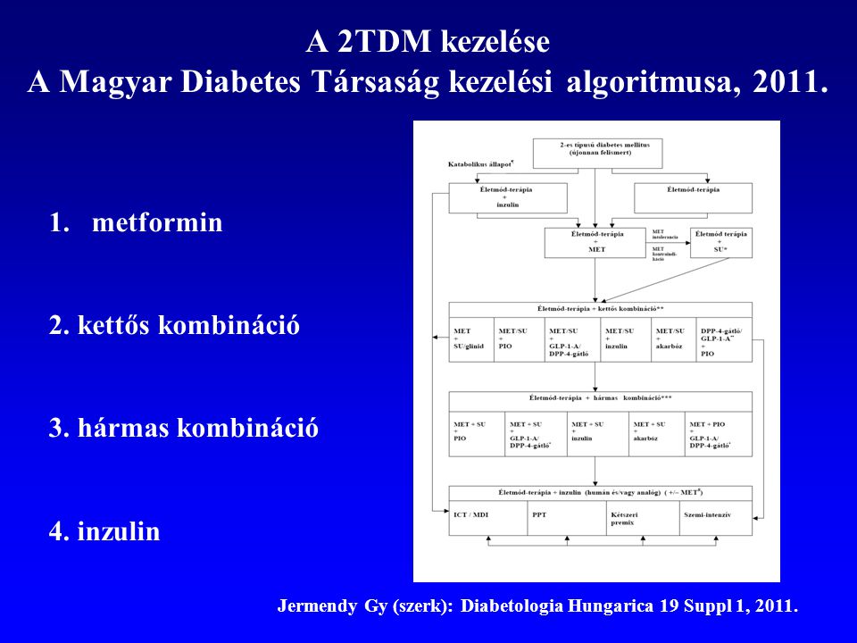 A 2TDM kezelése A Magyar Diabetes Társaság kezelési algoritmusa, 2011.