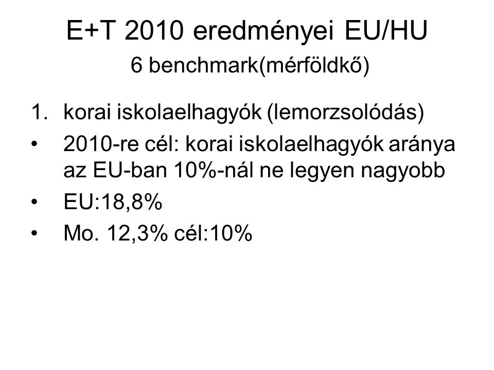 E+T 2010 eredményei EU/HU 6 benchmark(mérföldkő)