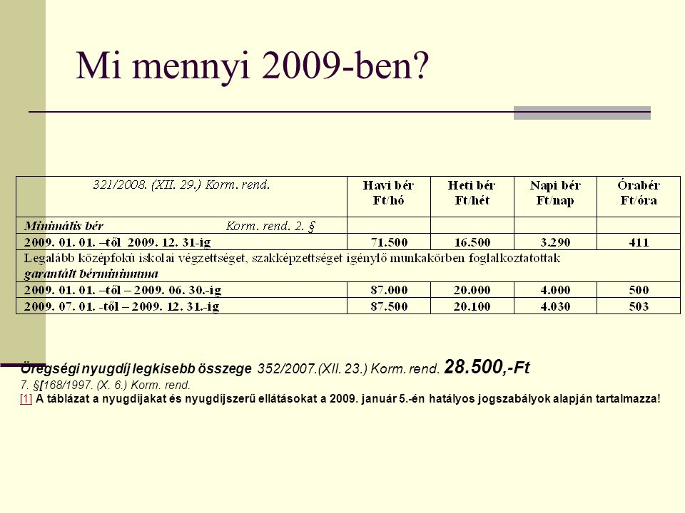 Mi mennyi 2009-ben Öregségi nyugdíj legkisebb összege 352/2007.(XII. 23.) Korm. rend ,-Ft.
