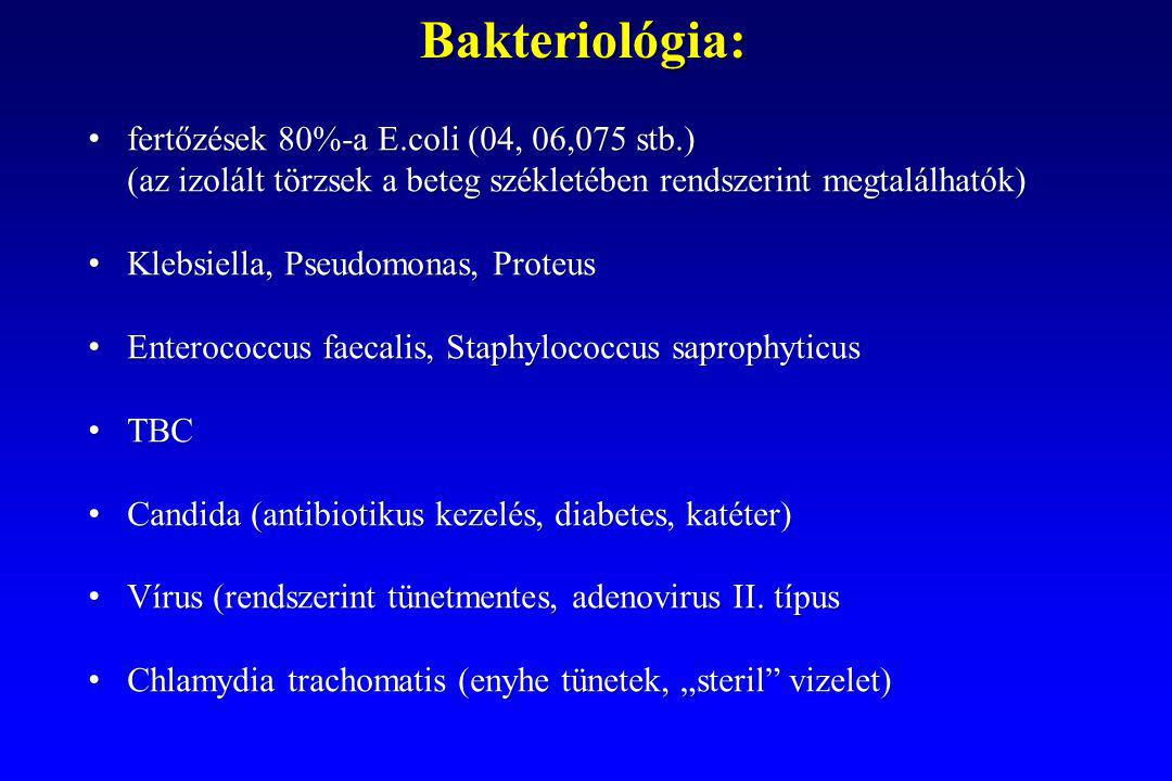 Bakteriológia: fertőzések 80%-a E.coli (04, 06,075 stb.) (az izolált törzsek a beteg székletében rendszerint megtalálhatók)
