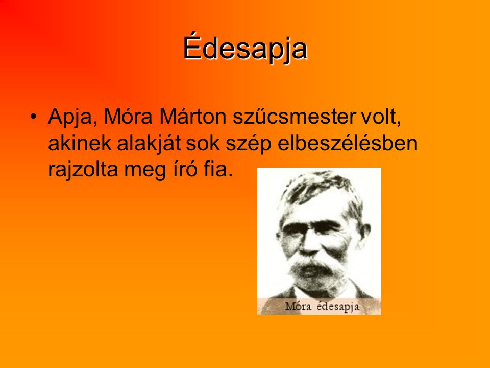 Édesapja Apja, Móra Márton szűcsmester volt, akinek alakját sok szép elbeszélésben rajzolta meg író fia.