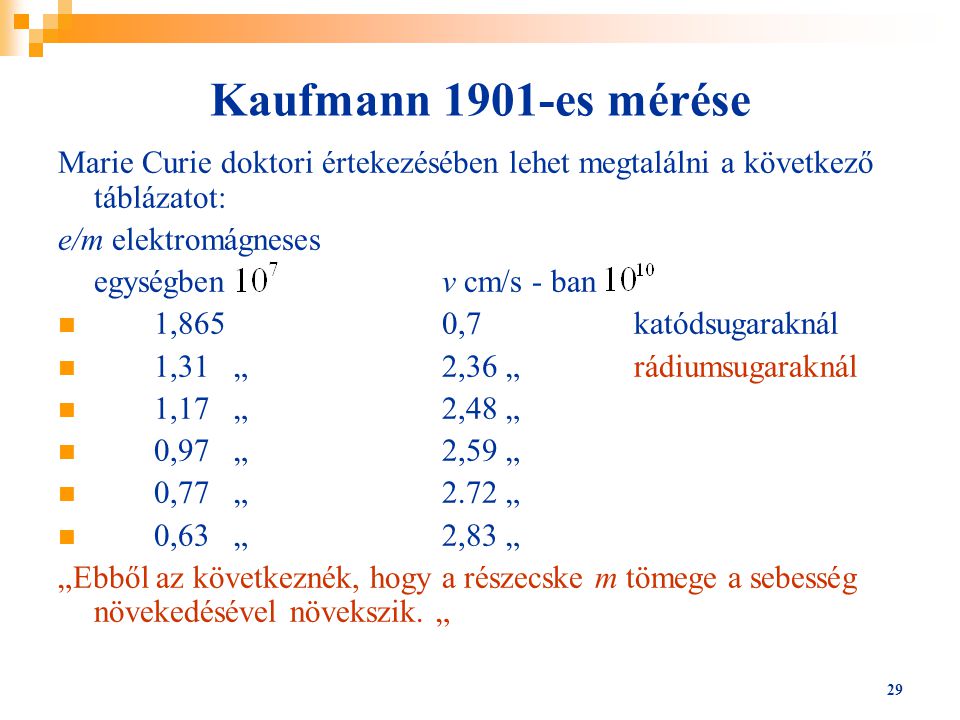 Kaufmann 1901-es mérése Marie Curie doktori értekezésében lehet megtalálni a következő táblázatot: e/m elektromágneses.