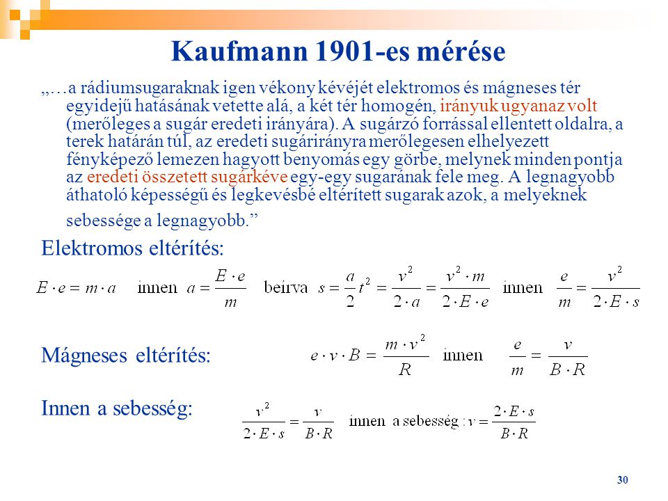 Kaufmann 1901-es mérése Elektromos eltérítés: Mágneses eltérítés: