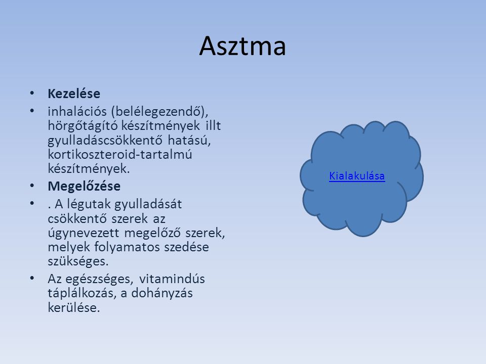 Asztma Kezelése. inhalációs (belélegezendő), hörgőtágító készítmények illt gyulladáscsökkentő hatású, kortikoszteroid-tartalmú készítmények.