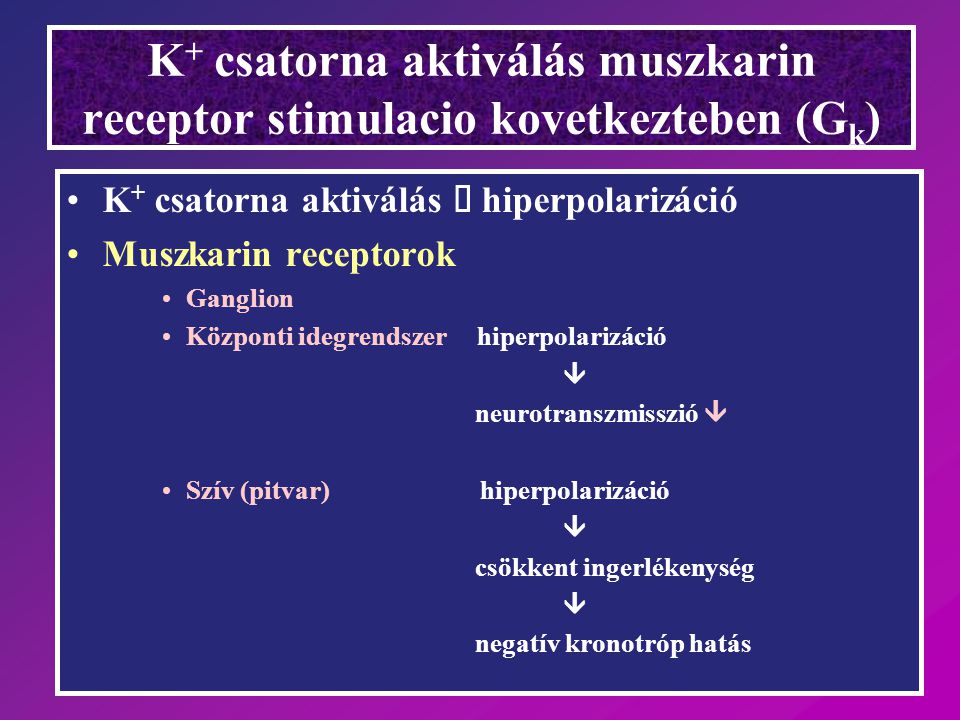K+ csatorna aktiválás muszkarin receptor stimulacio kovetkezteben (Gk)