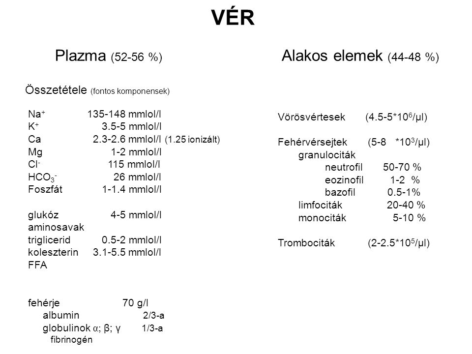 VÉR Plazma (52-56 %) Alakos elemek (44-48 %)