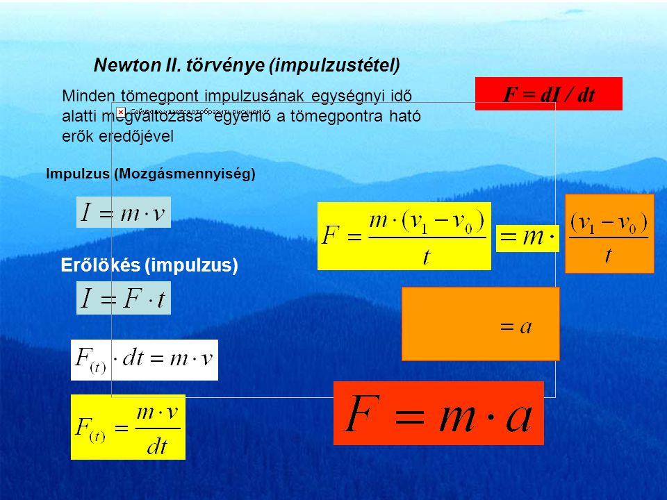 F = dI / dt Newton II. törvénye (impulzustétel) Erőlökés (impulzus)