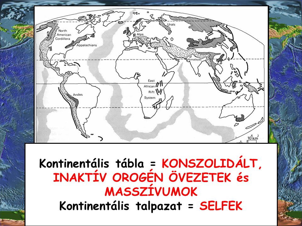 Kontinentális tábla = KONSZOLIDÁLT, INAKTÍV OROGÉN ÖVEZETEK és MASSZÍVUMOK Kontinentális talpazat = SELFEK