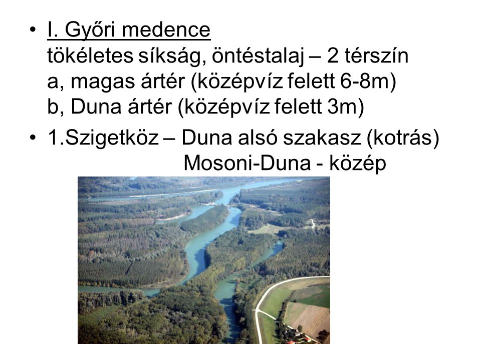 I. Győri medence tökéletes síkság, öntéstalaj – 2 térszín a, magas ártér (középvíz felett 6-8m) b, Duna ártér (középvíz felett 3m)