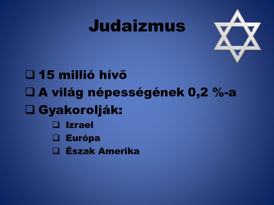 Judaizmus 15 millió hívő A világ népességének 0,2 %-a Gyakorolják: