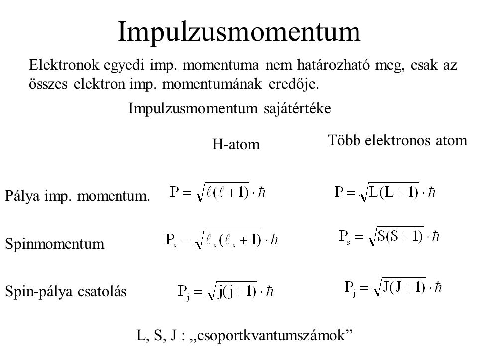 Impulzusmomentum Elektronok egyedi imp. momentuma nem határozható meg, csak az összes elektron imp. momentumának eredője.