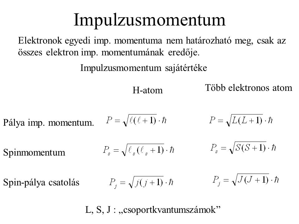Impulzusmomentum Elektronok egyedi imp. momentuma nem határozható meg, csak az összes elektron imp. momentumának eredője.
