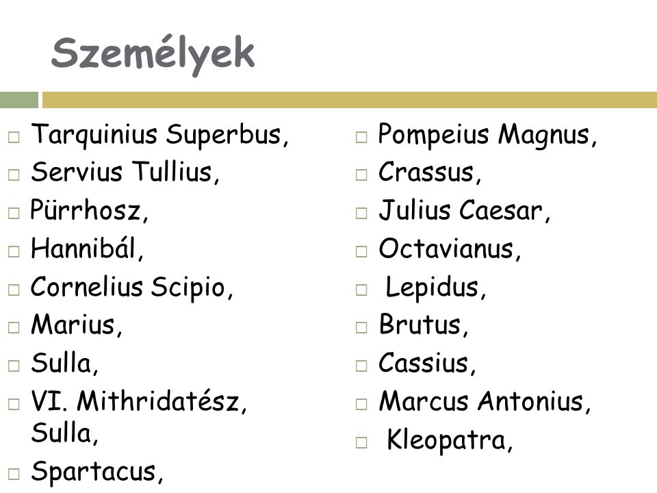 Személyek Tarquinius Superbus, Servius Tullius, Pürrhosz, Hannibál,