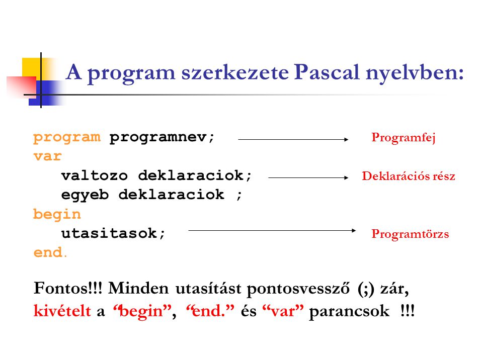 A program szerkezete Pascal nyelvben: