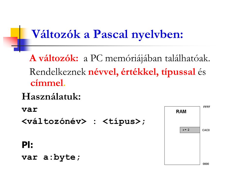 Változók a Pascal nyelvben: