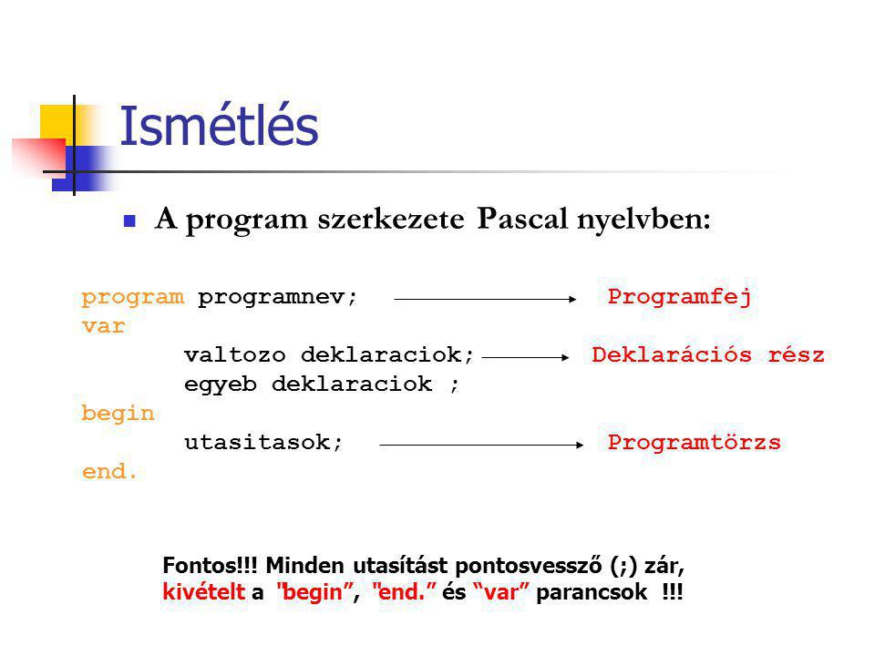 Ismétlés A program szerkezete Pascal nyelvben: