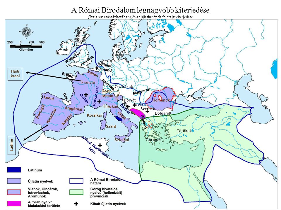 A Római Birodalom legnagyobb kiterjedése (Trajanus császár korában), és az újlatin népek földrajzi elterjedése