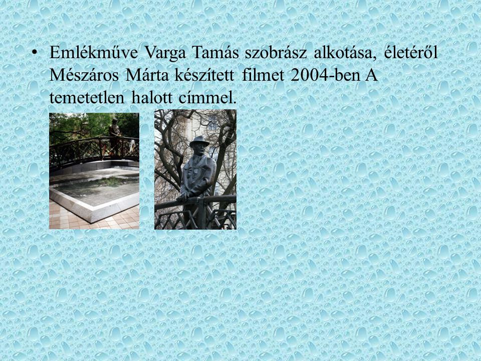Emlékműve Varga Tamás szobrász alkotása, életéről Mészáros Márta készített filmet 2004-ben A temetetlen halott címmel.