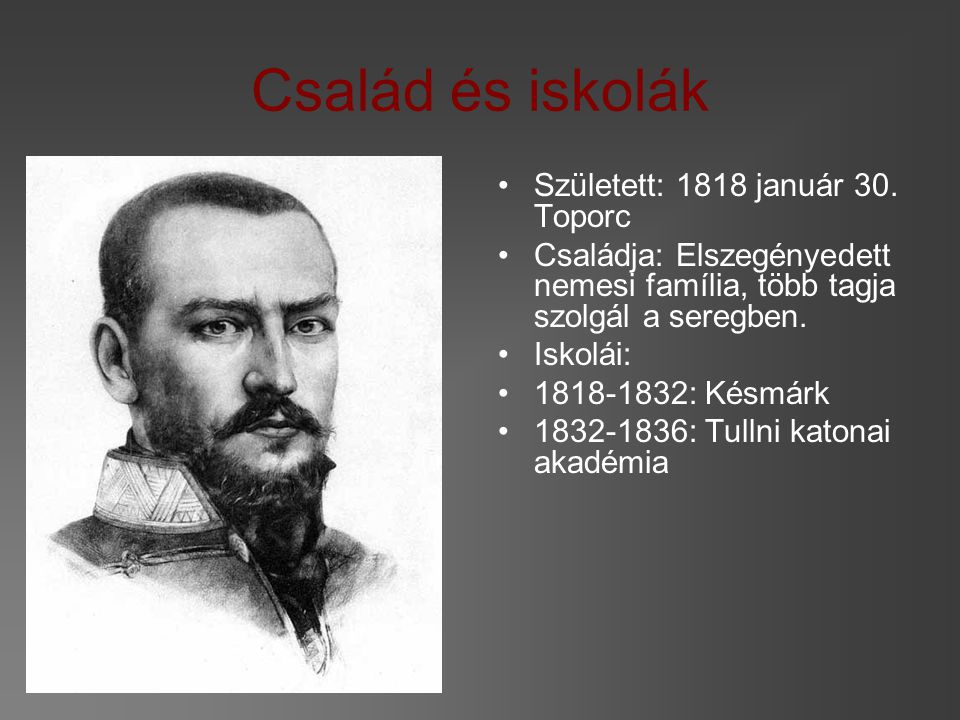Család és iskolák Született: 1818 január 30. Toporc