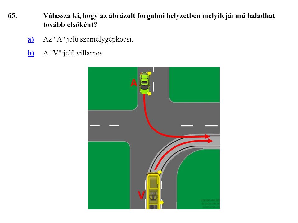 65. Válassza ki, hogy az ábrázolt forgalmi helyzetben melyik jármű haladhat tovább elsőként a) Az A jelű személygépkocsi.