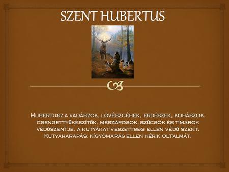 Hubertusz a vadászok, lövészcéhek, erdészek, kohászok, csengetty ű készít ő k, mészárosok, sz ű csök és tímárok véd ő szentje, a kutyákat veszettség ellen.