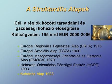 A Strukturális Alapok Cél: a régiók közötti társadalmi és gazdasági kohézió elősegítése Költségvetés: 195 mrd EUR 2000-2006  Európai Regionális Fejlesztési.
