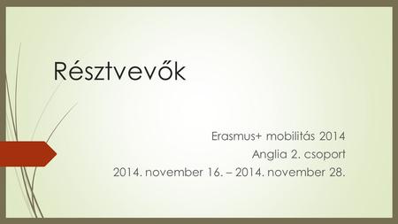 Résztvevők Erasmus+ mobilitás 2014 Anglia 2. csoport 2014. november 16. – 2014. november 28.