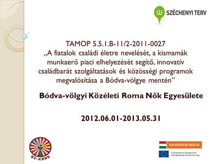 TAMOP 5.5.1.B-11/2-2011-0027 „A fiatalok családi életre nevelését, a kismamák munkaerő piaci elhelyezését segítő, innovatív családbarát szolgáltatások.