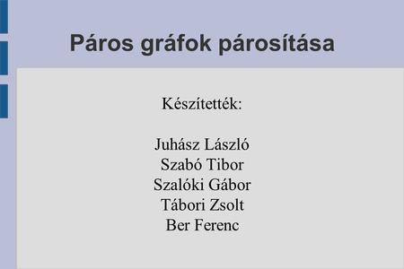 Páros gráfok párosítása Készítették: Juhász László Szabó Tibor Szalóki Gábor Tábori Zsolt Ber Ferenc.