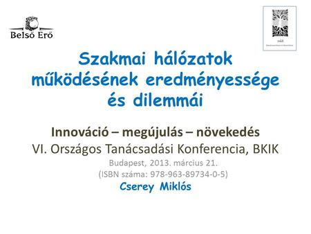 Szakmai hálózatok működésének eredményessége és dilemmái Innováció – megújulás – növekedés VI. Országos Tanácsadási Konferencia, BKIK Budapest, 2013. március.