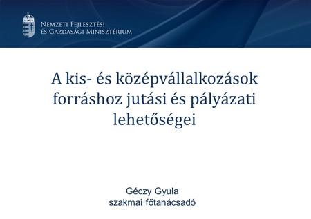 A kis- és középvállalkozások forráshoz jutási és pályázati lehetőségei Géczy Gyula szakmai főtanácsadó.