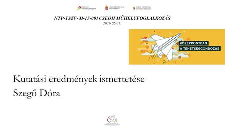 NTP-TSZV- M-15-001 CSEÖH MŰHELYFOGLALKOZÁS 2016.06.01. Kutatási eredmények ismertetése Szegő Dóra.
