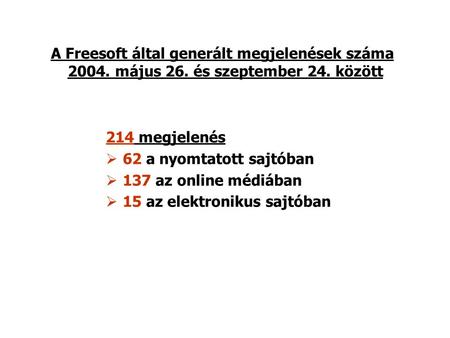 A Freesoft által generált megjelenések száma 2004. május 26. és szeptember 24. között 214 megjelenés  62 a nyomtatott sajtóban  137 az online médiában.