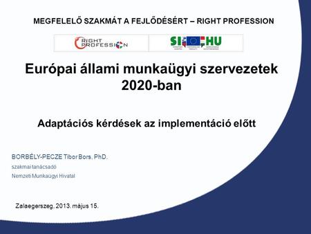 Európai állami munkaügyi szervezetek 2020-ban BORBÉLY-PECZE Tibor Bors, PhD. szakmai tanácsadó Nemzeti Munkaügyi Hivatal Zalaegerszeg, 2013. május 15.