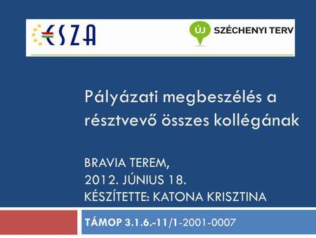 Pályázati megbeszélés a résztvevő összes kollégának BRAVIA TEREM, 2012. JÚNIUS 18. KÉSZÍTETTE: KATONA KRISZTINA TÁMOP 3.1.6.-11/1-2001-0007.