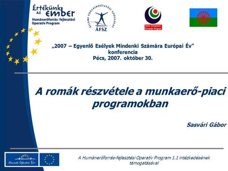 A Humánerőforrás-fejlesztési Operatív Program 1.1 intézkedésének támogatásával A romák részvétele a munkaerő-piaci programokban Sasvári Gábor „2007 – Egyenlő.