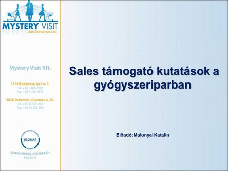 Sales támogató kutatások a gyógyszeriparban Előadó: Malonyai Katalin